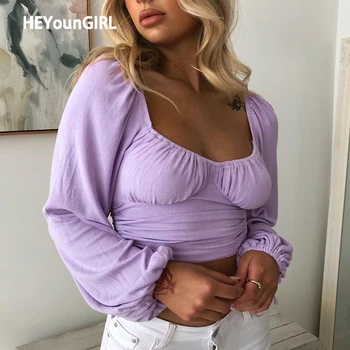 

HEYounGIRL Solid Ruched Vintage Milkmaid Crop Tshirt Women Autumn Casual Long Sleeve T Shirt Ladies Fashion Elegant Top Tees