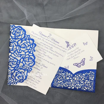 

Blue Glittery Pocket Wedding Invites Laser Cut Invitations for Bridal Shower Graduation Birthday Quinceanera Invite