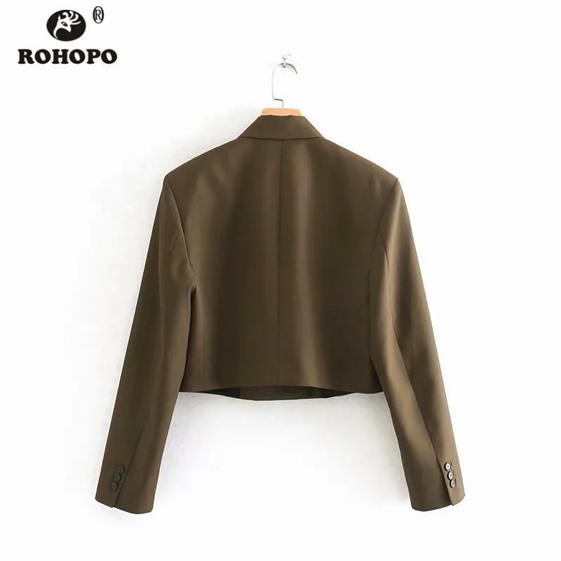 ROHOPO Double Style Collar Two Buttons Ladies Brown Short Blazer Long Sleeve Lapel Collar Autumn Slim Solid Outwear#6211