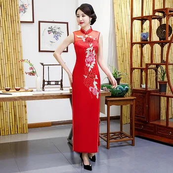 

Oversize 6XL Chinese traditional cheongsam embroidery wedding red lace woman long qipao sexy oriental satin qipao