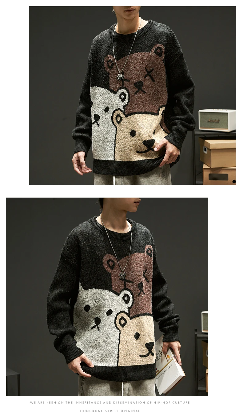 ZAZOMDE Cartoon Bear Sweater Men Winter Men Clothing Fashion Long Sleeve Knitted Pullover Sweater Oversized 2020 New Cotton Coat