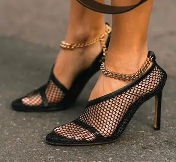 

New sexy stretch fabric mesh sock sandal fish net pointed toe ankle woman boots thin high heels gold chain pumps big size 44