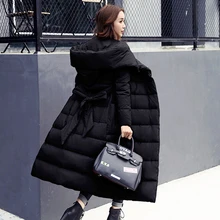 Зимняя женская куртка женское длинное пальто тонкая утепленная куртка с хлопковой подкладкой с капюшоном с поясом на талии верхняя одежда парки MY95