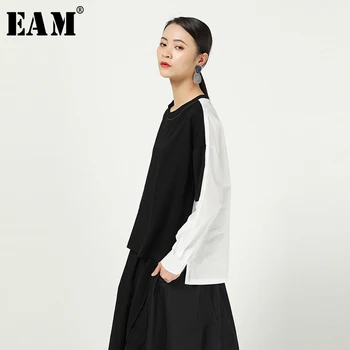 

[EAM] Women Black Contrast Color Split Big Size T-shirt New Round Neck Long Sleeve Fashion Tide Spring Autumn 2020 1N516