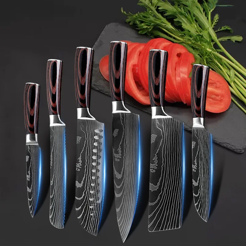 

Damascus Laser Pattern Kitchen Knife 6PCS Japanese 7CR17 440C High Carbon Stainless Steel Slicing Santoku Parking Cleaver Tools