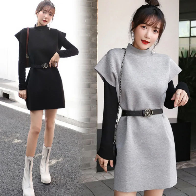 

Dress Women's Early Spring New Style 2020 Korean-style Fashion Loose Slimming Mid-length Sleeveless Vest Skirt Two-Piece Set