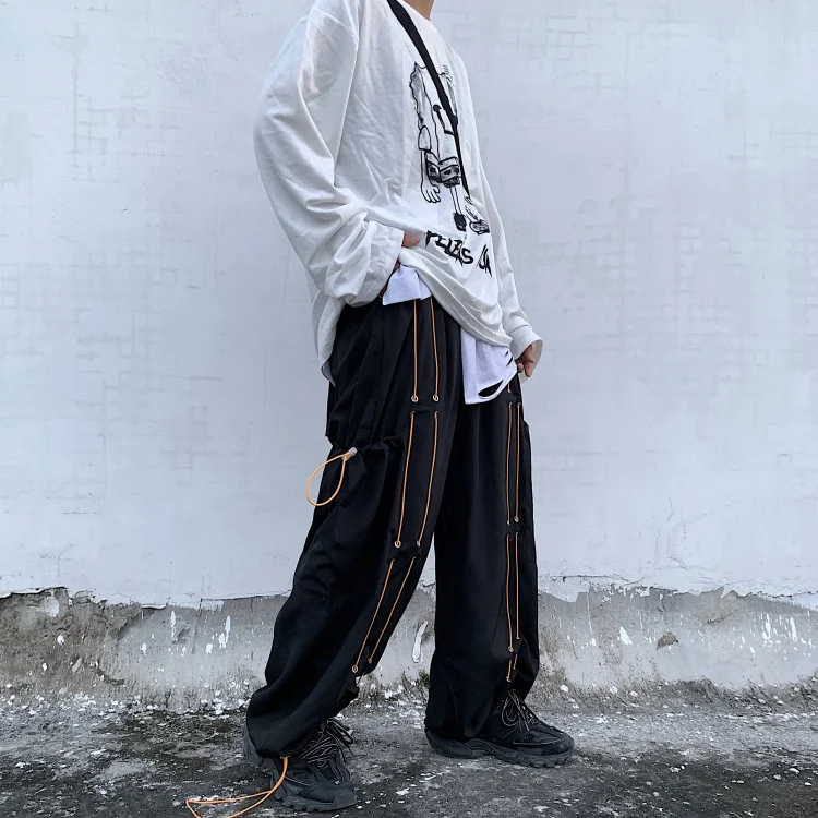 

Plus Size Loose Baggy Contrast String Pocket Cargo Jogger Pant Streetwear Women Man Harajuku Punk Harem Hip Hop Korean Trouser