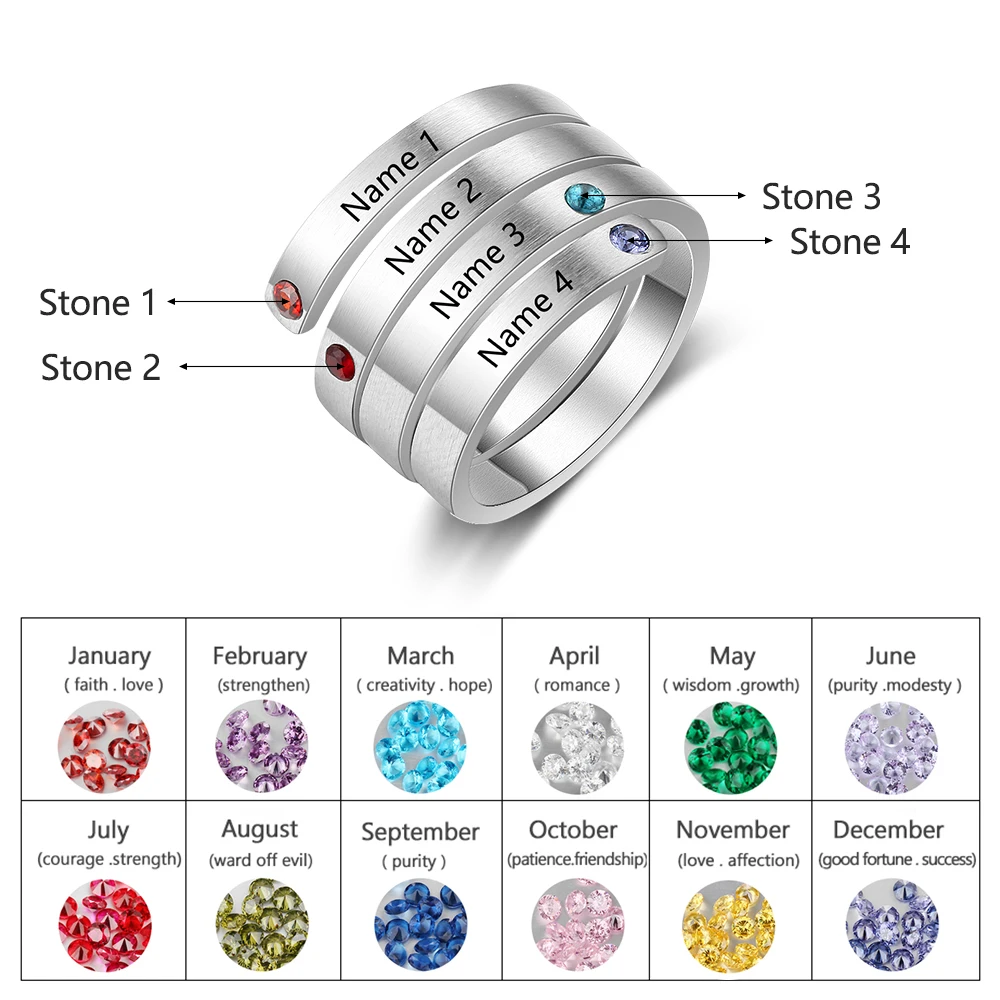 Ювелирные изделия, персонализированные кольца для матерей, заказное имя, кольца с камнем для женщин, ювелирные изделия с гравировкой, подарки на годовщину для мамы - Цвет основного камня: 4 Names-Silver color