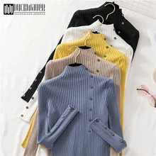 Duckwaver Düğmesi Balıkçı Yaka Kazak Kadın Ilkbahar Sonbahar Katı örme kazak Kadın Ince Yumuşak Jumper Kazak Kadın Örgü Üstleri(China)