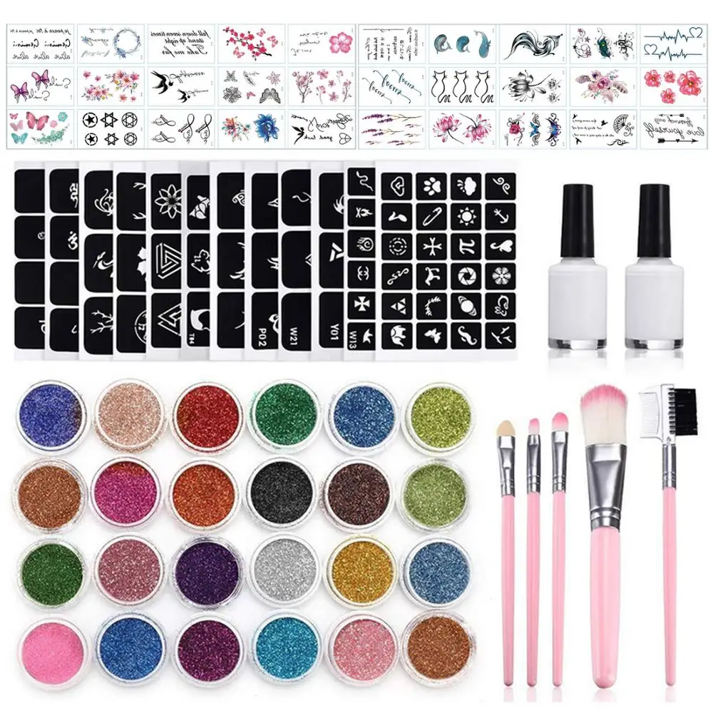 Online 182 stücke Glitter Tattoo Set 24 Farben 30 Einzigartig Themen Temporäre Aufkleber 120 Muster Höhlen Formen Body Art Glitter Tattoo kit