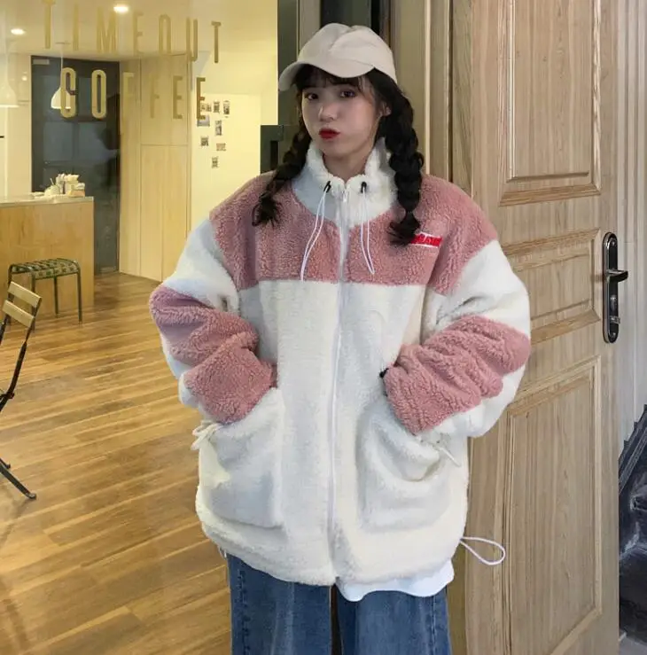 Осень и зима корейский стиль Harajuku лоскутное повседневное свободное bf молния ягненка меховое пальто для женщин