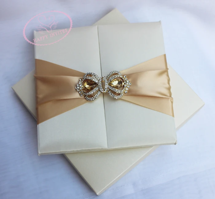 HI2003-131 Customzied Elegant Silk  Wedding Invitation in Beige with Gold Foil Printing & Champagne Gold Ribbon & Gold Grown Booch Made in China More Colors Available