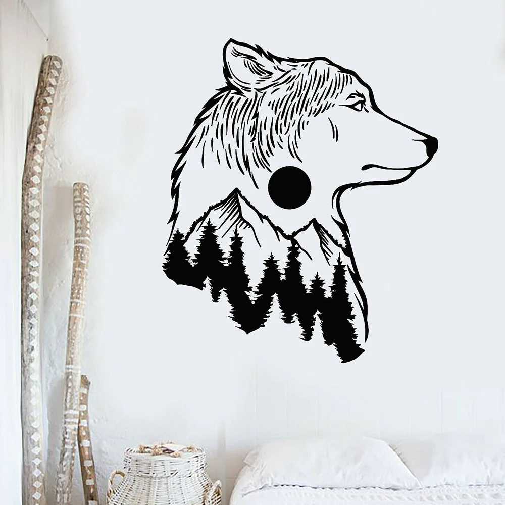 Wolf Wall Sticker Wolf Animal Window Decals Tribal Nature Moon Tree