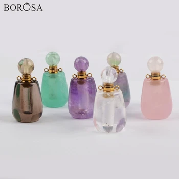 

BOROSA 3Pcs New Arrival Gild Natural Stone Connector White Quartz Perfume Bottle Amethysts Essential Oils Bottle Jewelry WX1192