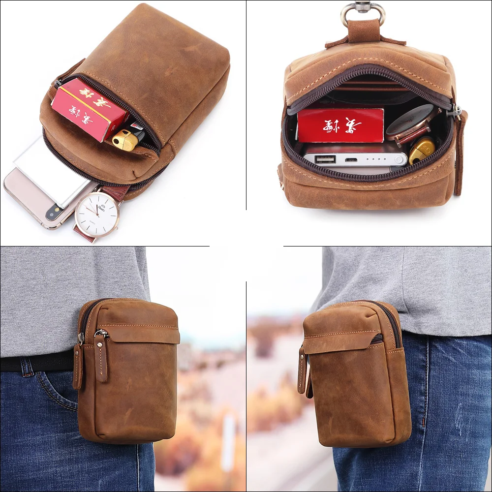 MISFITS crazy horse leather waist packs men vintage small fanny pack with Cigarette case belt phone bag Male hook loops bum bag
