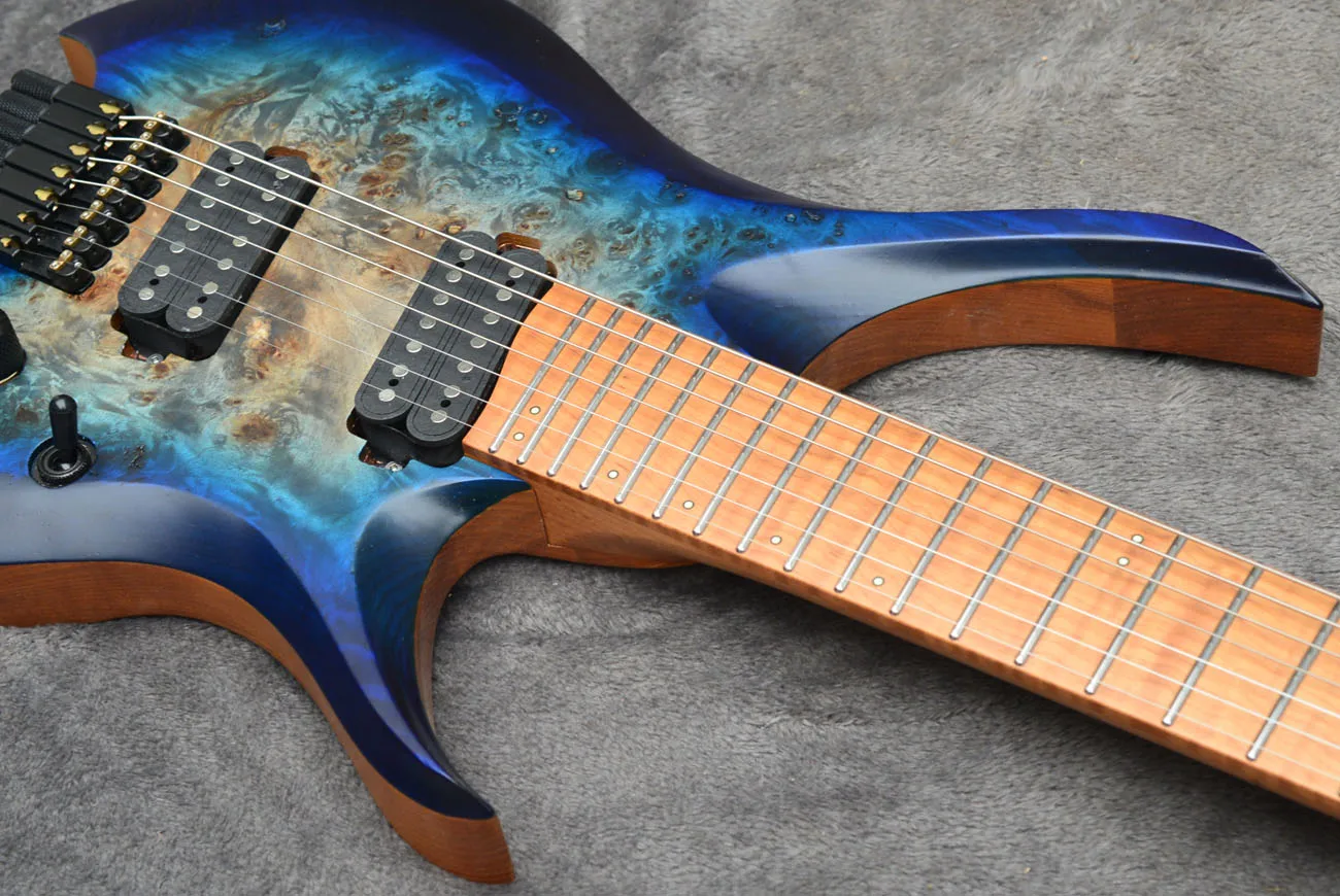 7 Strings Headless Electric Guitar Fanned frets Roasted Maple Neck Ergonomic asymmetric neck blue burst color headless electric guitar