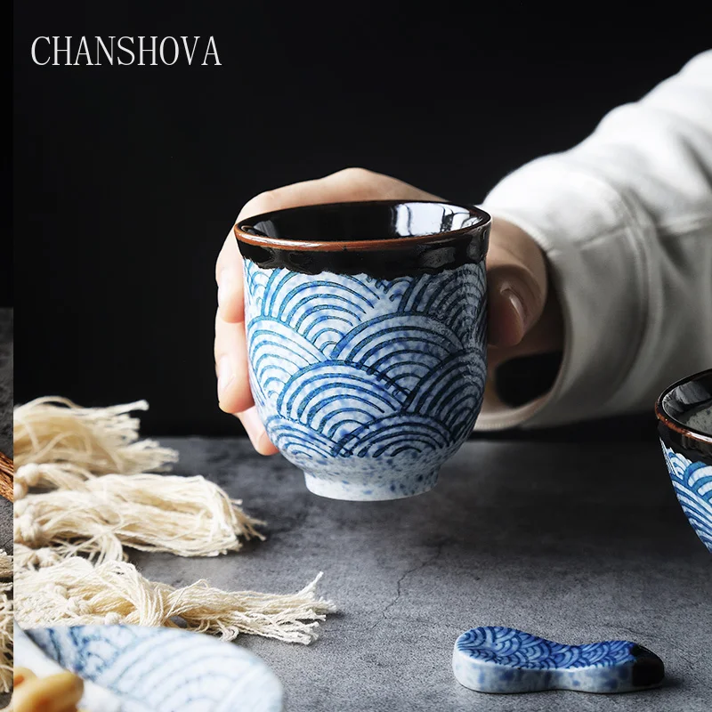 

CHANSHOVA Traditional Chinese Retro Style Handmade 80 and 200ml Under Glazed Painted Ceramic Teacup Wave Pattern Tea Cups H240