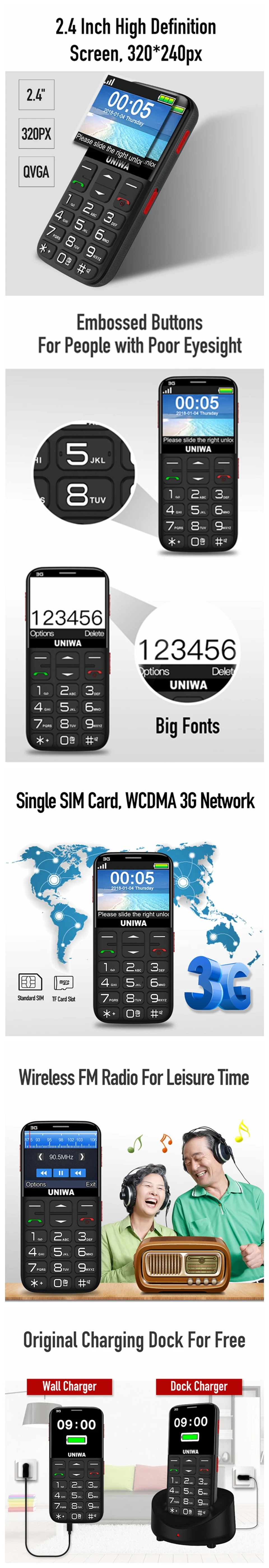 UNIWA V808G Mobile Phone Russian Keyboard 3G WCDMA Strong Torch Senior Cellphone Elderly Old Man Big SOS Push-Button Phone