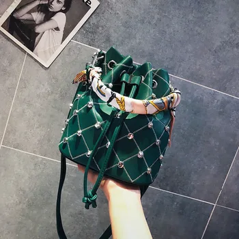 

Fashion Bucket Bag Women Rivet Shoulder Bag Totes Bags Cartera Mujer Hombro PU Leather Drawstring Ladies Purses Handbags