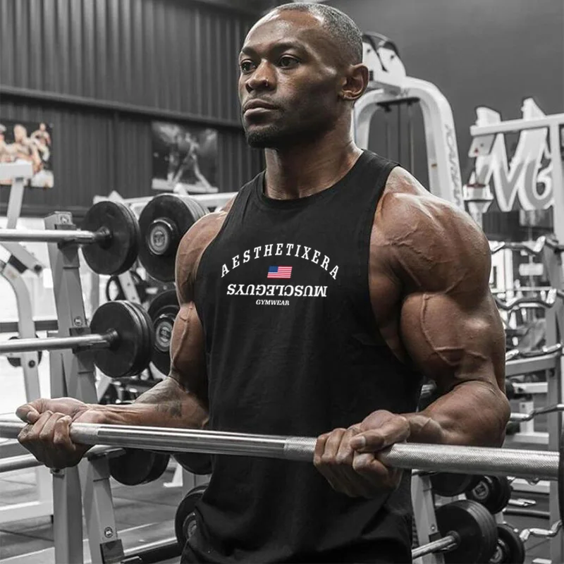 Muscleguys 남성용 탱크 탑 민소매 셔츠, 체육관 피트니스 보디빌딩 운동 싱글 슬링 조끼, 남성 여름 브랜드 의류