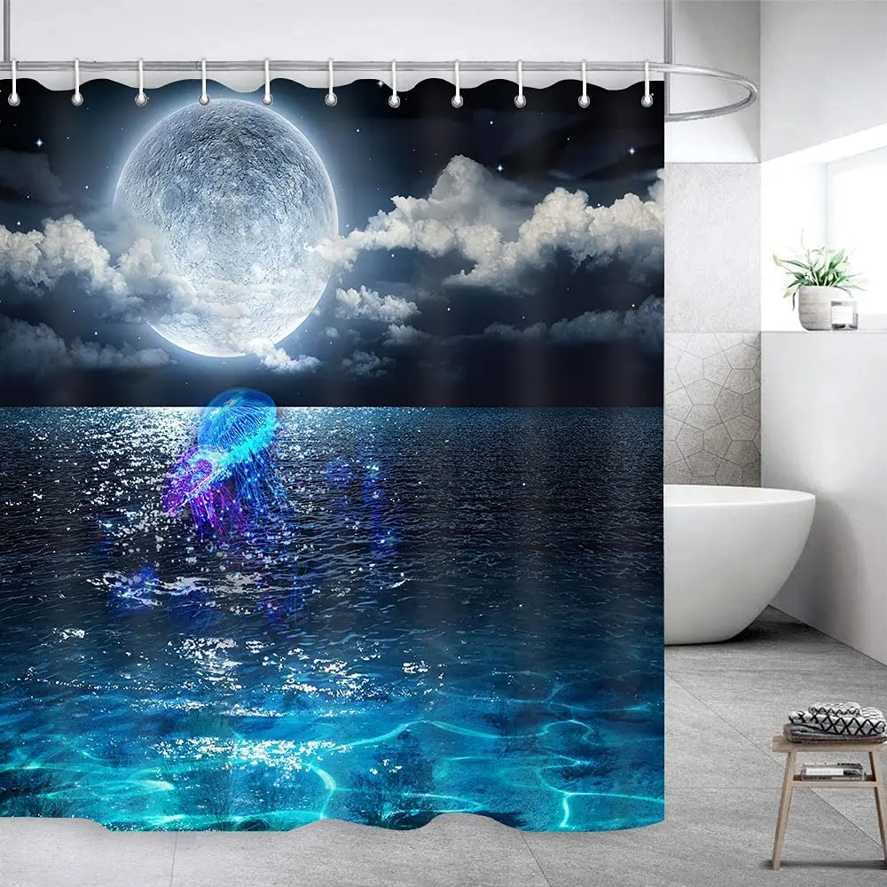 Moon Bath Curtains Night Ocean Moonlightr with Blue Psychedelic Jellyfish  On Sea Level Bathroom Deco Waterproof Cloth with Hook - AliExpress