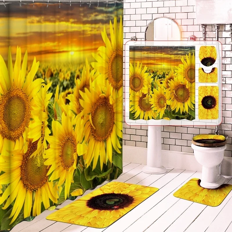 4Pcs/Set Sunflower Waterproof Shower Curtain Toilet Lid Cover Anti-Slip Bath Mat 