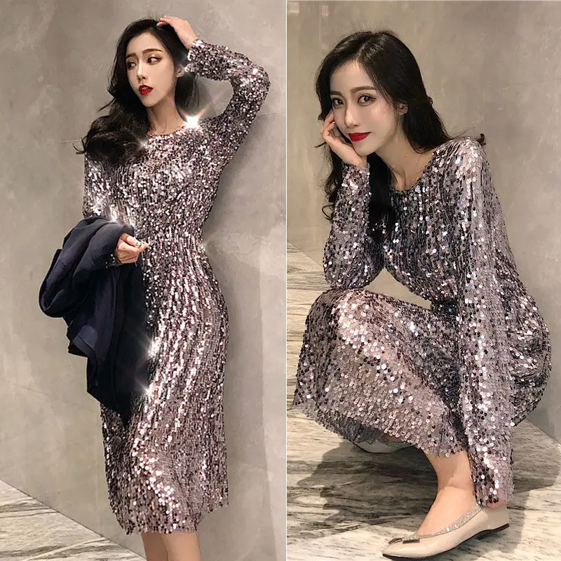 

2021 Autumn Women's Long Sleeve Shiny Sequin Dress Slim High Waist Ladies Office Party Exquisite and Elegant Dress