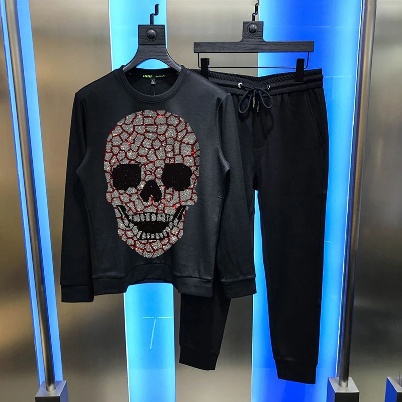 Winter Hot Diamond Shiny Skull New Men's Sets Tracksuit 2-Piece Pants + Hoody Cotton Sweatshirt Oversized Hoodie Streetwear