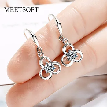 

MEETSOFT 925 Silver Prevent Allergy Drop Earrings for Women Trendy Design Clover Jewelry Gift