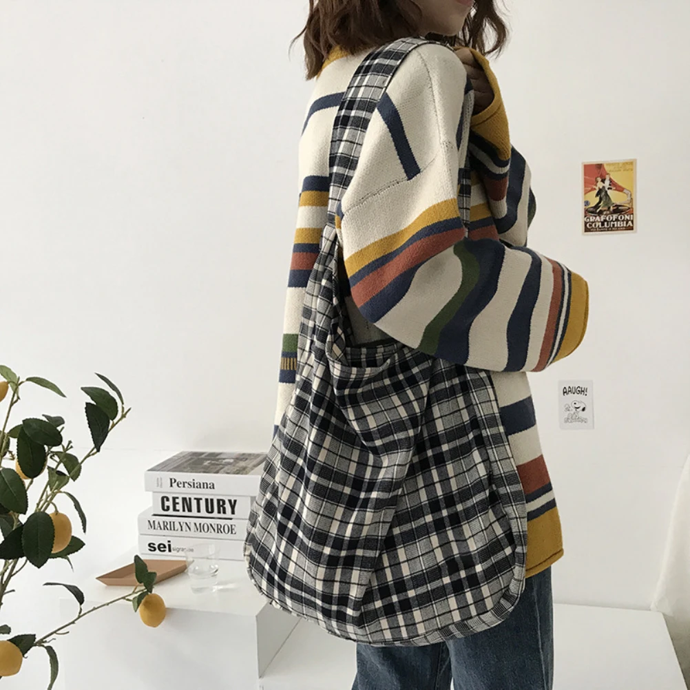 New Plaid Printed Canvas Shoulder Bag Fashion Casual Tote Outdoor Shopping Handbag Zipper Bags Sac Main Femme | Багаж и сумки