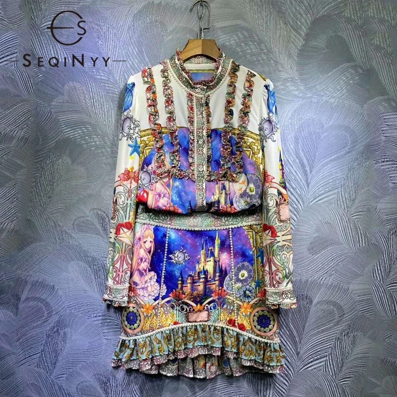 

SEQINYY Vintage Set Flowers Print 2020 Summer Spring New Fashion Design Women Ruffles Shirt + Mini Beading Skirt Suit