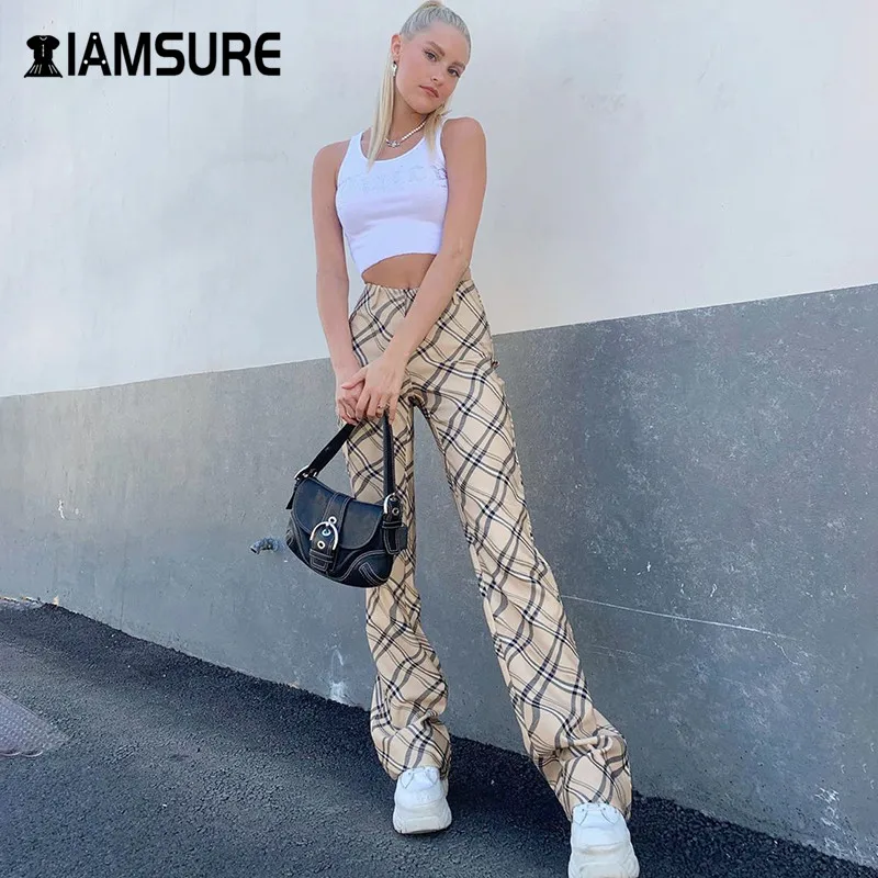 

IAMSURE Plaid Pattern Women y2k Fashion Straight Pants Streetwear High Waist Casual Outfits Female Pants Harajuku 90s Trousers