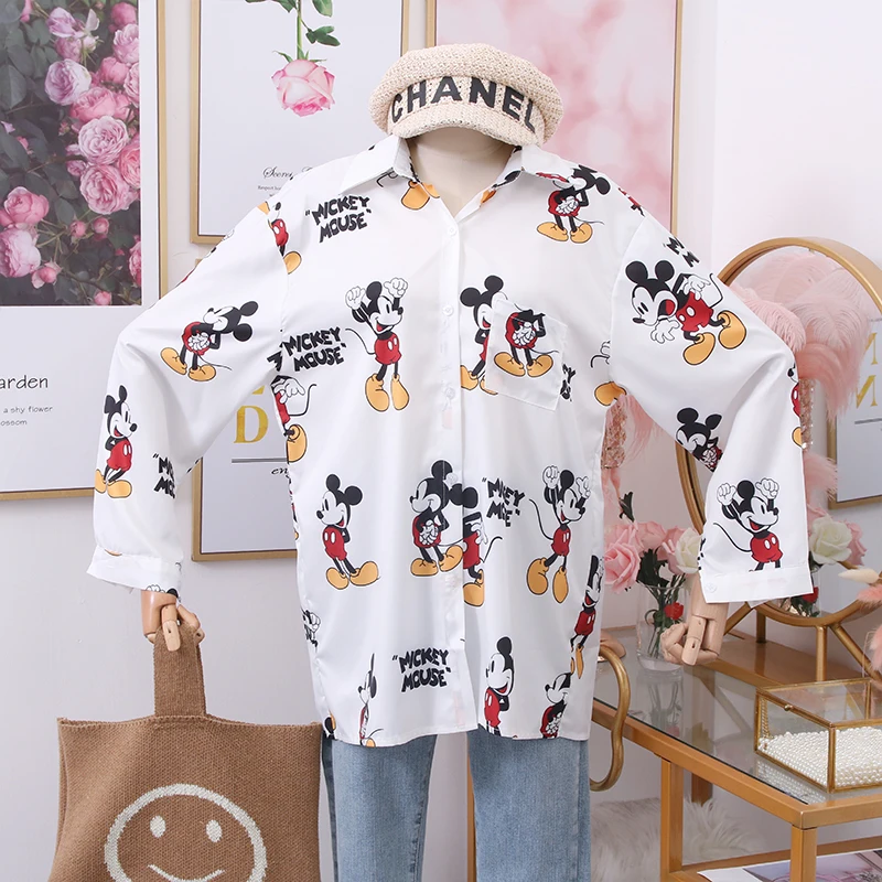 

2020 new fashion wild cartoon Mickey Minnie Donald Duck printed loose lapel long sleeve shirt women