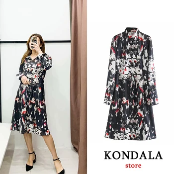 

KONDALA 2020 New Contrast Color turndown collar Women sashes Dresses long Sleeves Loose Slim autumn Dress female vestidos