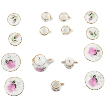 

Lot of 15 Rosebud Porcelain Dollhouse Miniature Coffee Tea Cup Set