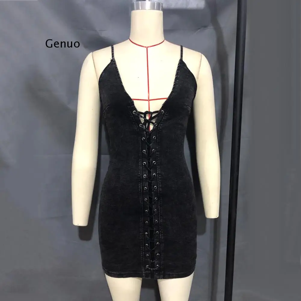 

Womens Dress Sexy Deep V Neck Sleeveless Club Party Denim Women Sexy Adjustable Spaghetti Straps Bandage Bodycon Denim Dress