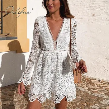 

Ordifree 2020 Summer Sundress Women White Lace Mini Dress Long Sleeve Sexy Short Tunic Beach Dress Robe Femme
