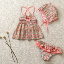 Купальный костюм с цветочным принтом для маленьких девочек, комплект из 3 предметов, детское бикини, детский купальник на бретельках с шапочкой, летний детский купальный костюм