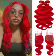 Sexay Red Body Wave Bundles With Closure Baby Hair Peruvian Remy Human Hair Weave Solid Color Hot Red 3 Bundles With 4x4 Closure
