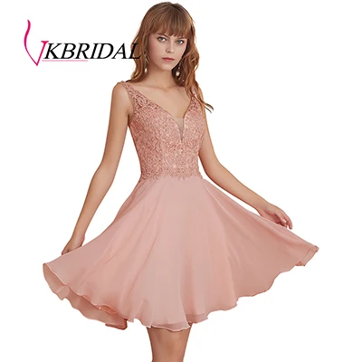 Pink VKbridal реальное изображение трапециевидной формы мини длина кружевные Выпускные платья для кристалл для девушки Иллюзия глубокий v-образный вырез шифон Короткие платья для выпускного вечера - Цвет: Pink