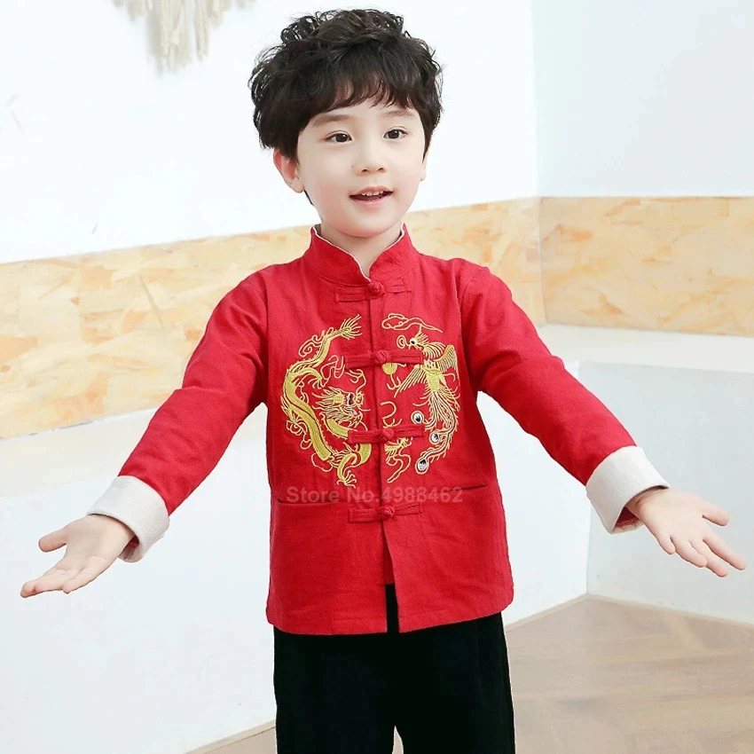 

Chinese Tops Kids Tang Suit Dragon Emboridey Hanfu Baby Girl Boy New Year Clothes Shirt Traditional Clothing Men Jacket Party