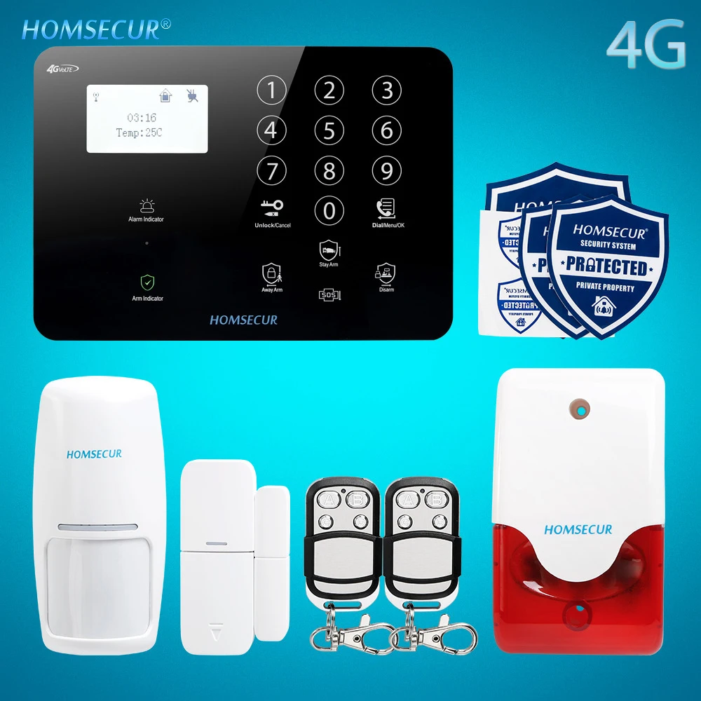 HOMSECUR Беспроводной и проводной 4G/3G/GSM LCD Домашняя сигнализация Система с тревожной