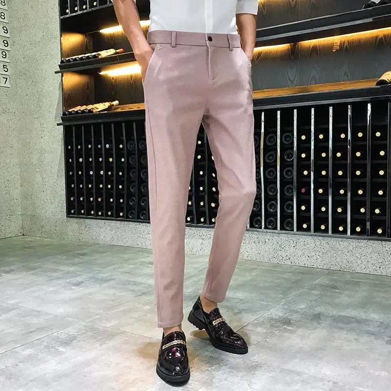 Однотонные модные облегающие брюки уличная Шерстяная Смесь офисные брюки мужские официальные длина лодыжки худые азиатские мужские брюки XXL