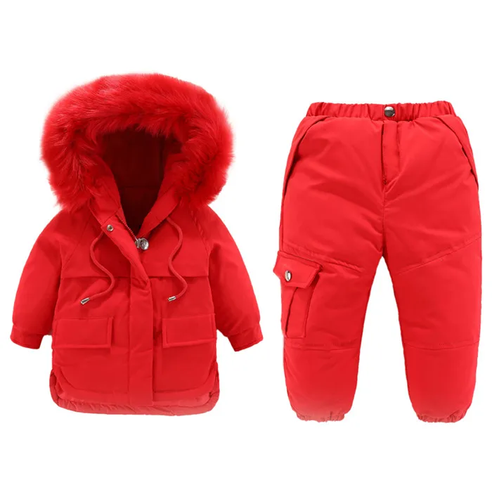 Baby Girls-30 Degrees Winter Warm Down Ski Sets Baby Kids Thickening Down Snowsuits Baby Boys Natural Fur Down Jacket+Pant - Цвет: Red