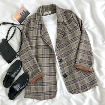 

Loose Vintage Plaid Women Blazer 2020 Spring Casual Streetwear Elegant Button Korean Style Tops Basic Femme Coats