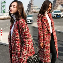 Осеннее новое поступление женское утолщенное красное шерстяное пальто в клетку зимняя двубортная верхняя одежда