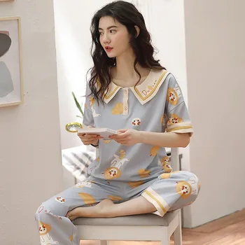 

100% Cotton Short Sleeve Calf Length Pants Pajama Sets for Women 2020 Summer Sleepwear Pyjama Homewear Pijama Mujer Home Clothes