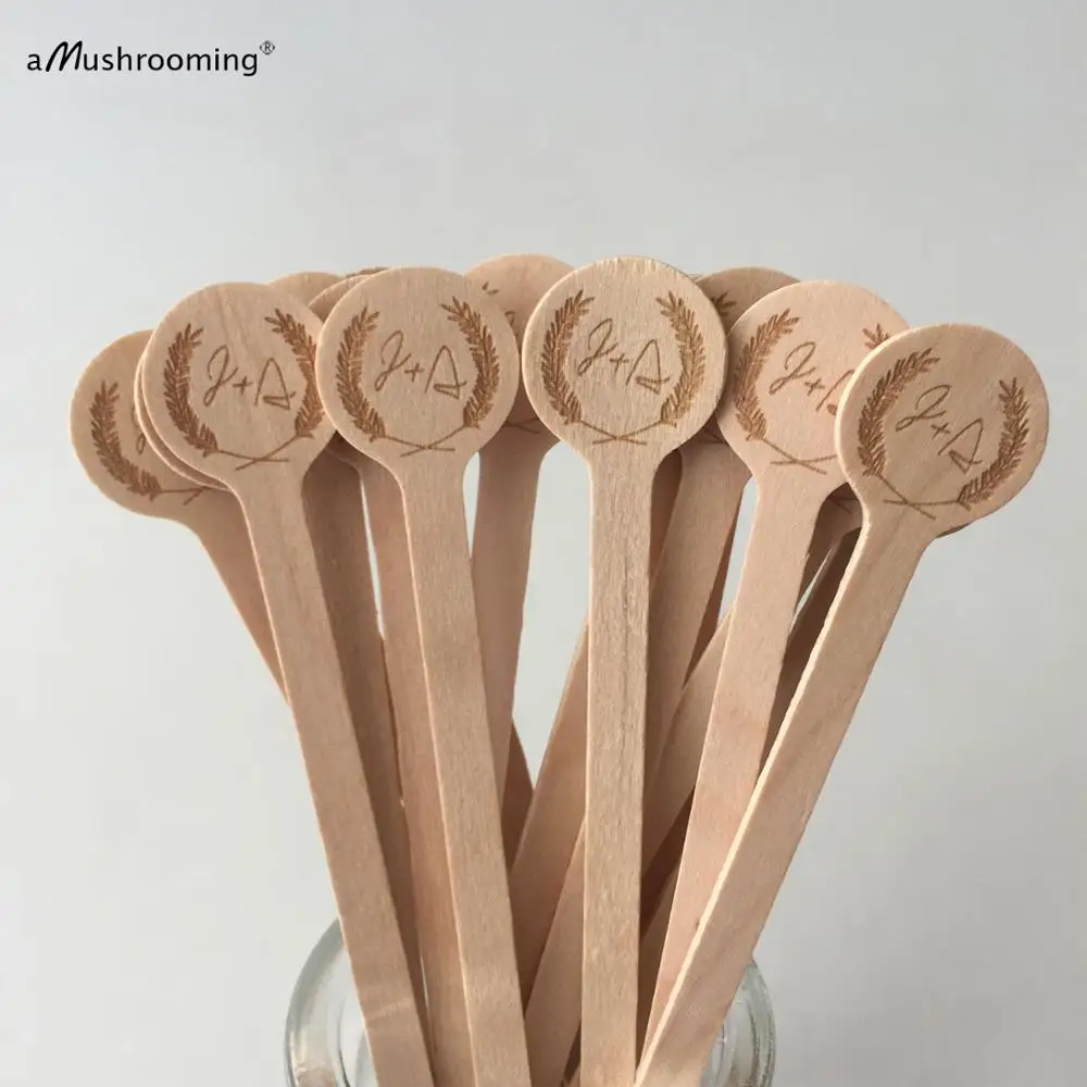 100pcs Personalized Rustic Wedding Cocktail Swizzle Stirrers Drink Beverage Stir Stick with Initials Wooden Cupcake Picks
