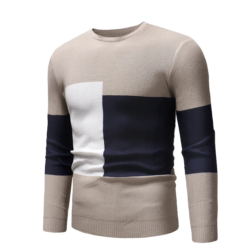 Осенне-зимние свитера, новые толстые теплые брендовые свитера с круглым вырезом и геометрическими узорами, мужские топы, вязаный кашемировый пуловер для мужчин - Цвет: khaki