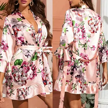 

2020 Summer Autumn Silk Womens Sleepwear Sexy Sleepshirt Long Print Ladies Nightgown Young Girl Outwear Nightdress Party A3